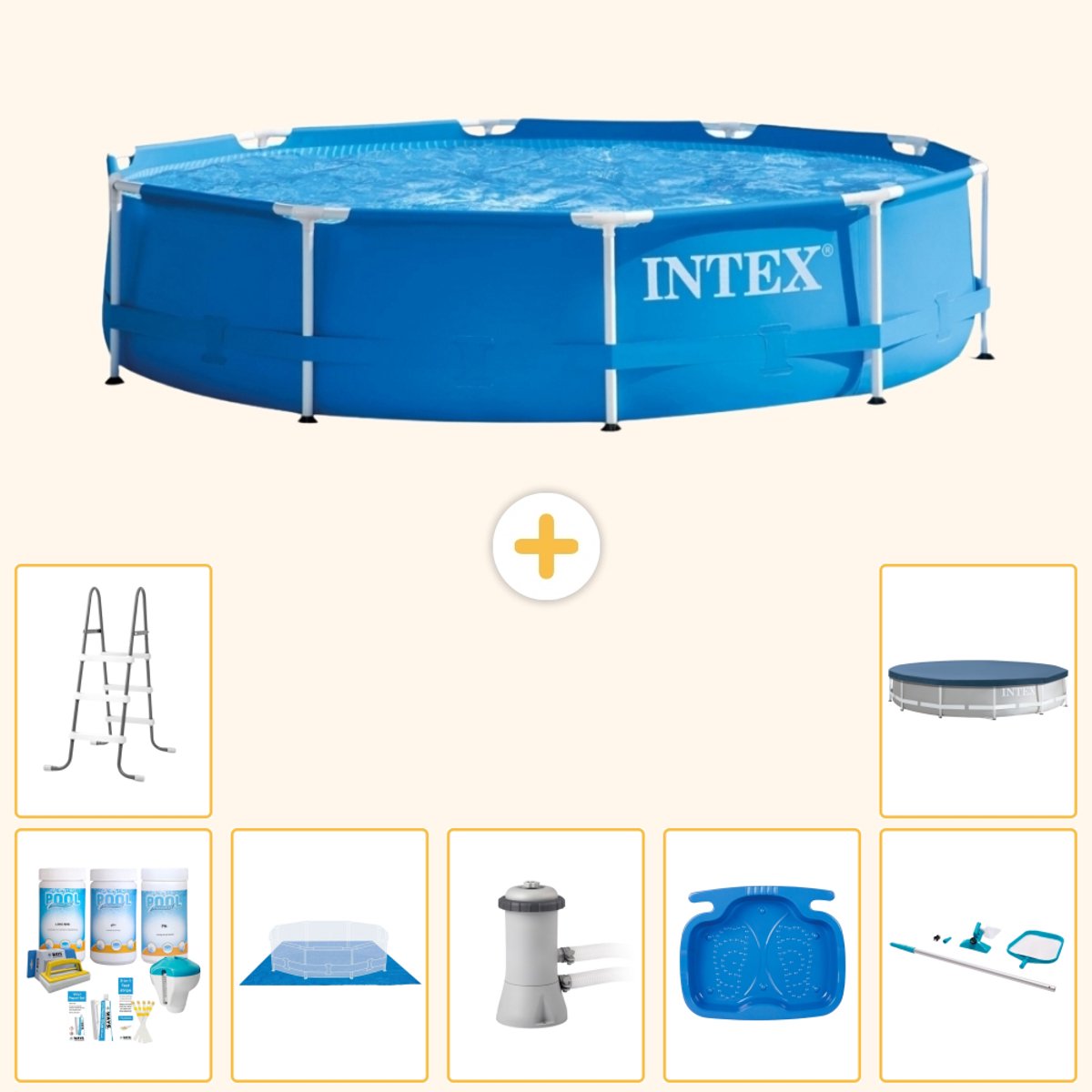 Intex Rond Frame Zwembad - 366 x 76 cm - Blauw - Inclusief Onderhoudspakket - Grondzeil - Zwembadfilterpomp - Voetenbad - Ladder - Schoonmaakset - Afdekzeil - 8-delig