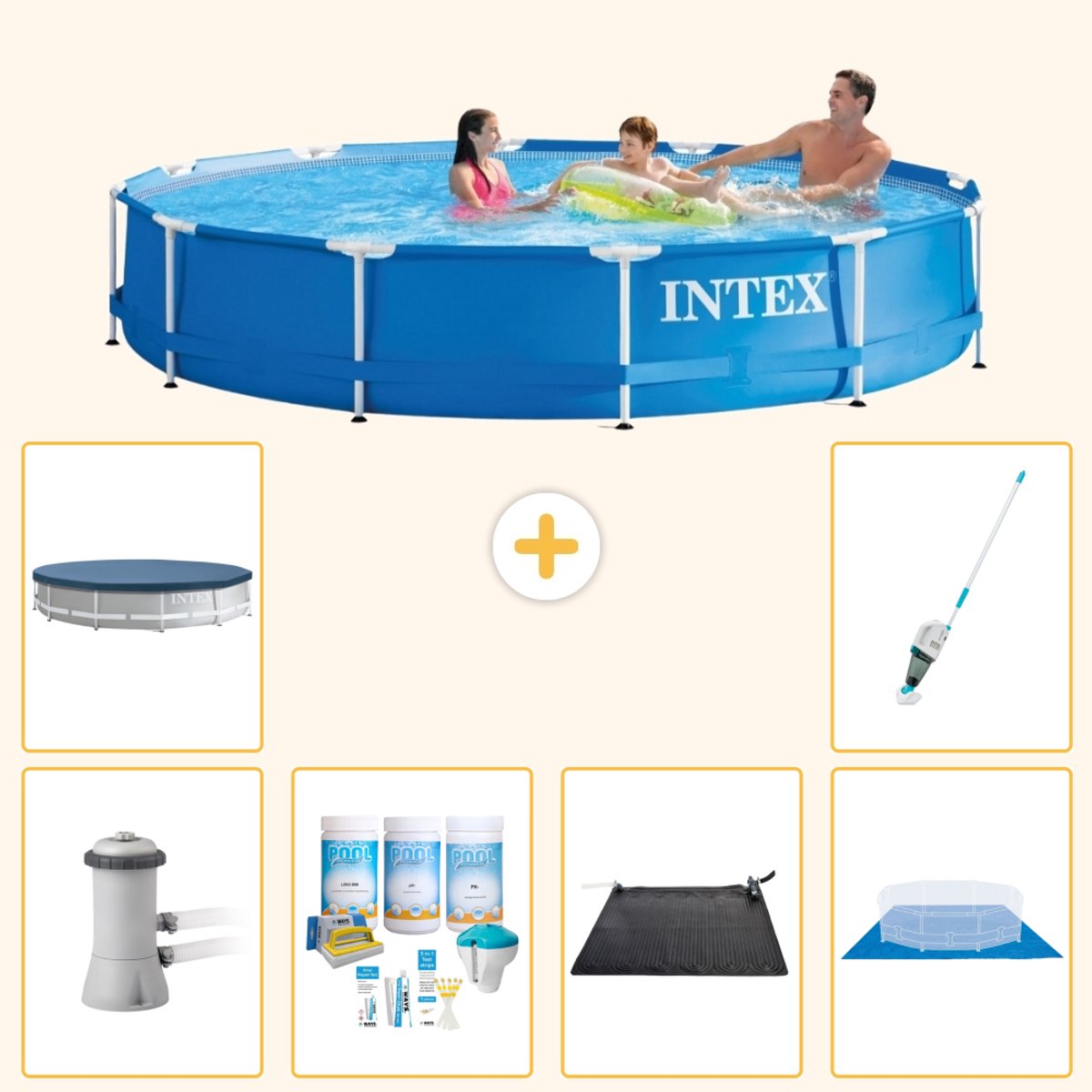 Intex Rond Frame Zwembad - 366 x 76 cm - Blauw - Inclusief Pomp - Onderhoudspakket - Solar Mat - Grondzeil - Afdekzeil - Stofzuiger - 7-delig