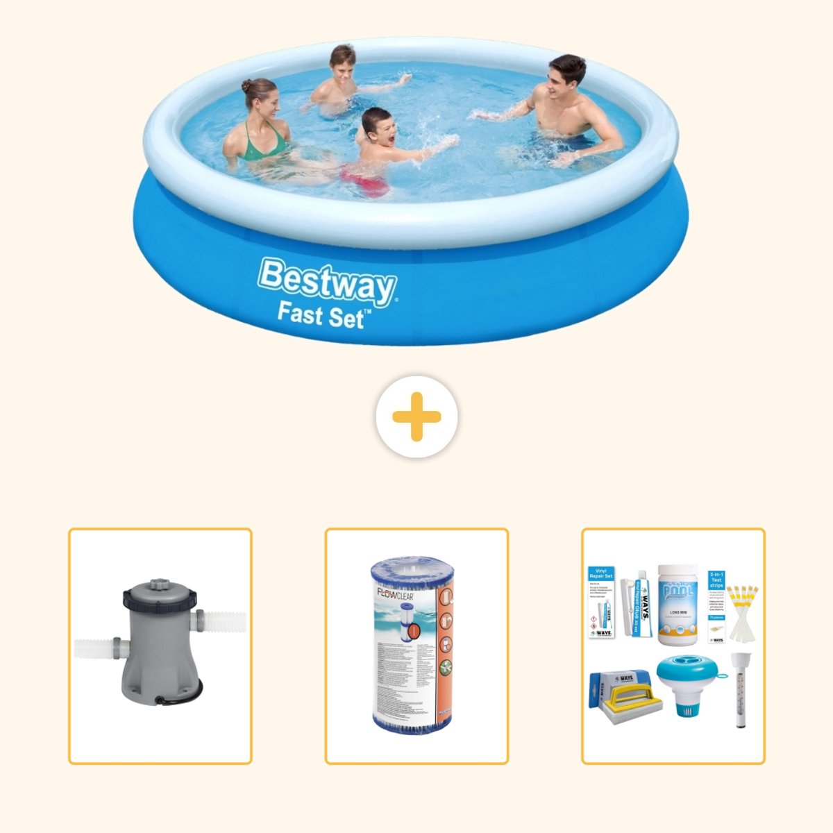 Bestway Rond Opblaasbaar Fast Set Zwembad - 366 x 76 cm - Blauw - Inclusief Pomp - Filter - Onderhoudspakket - 4-delig