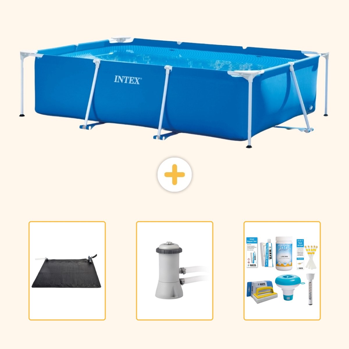 Intex Rechthoekig Frame Zwembad - 300 x 200 x 75 cm - Blauw - Inclusief Solar Mat - Zwembadfilterpomp - Onderhoudspakket - 4-delig