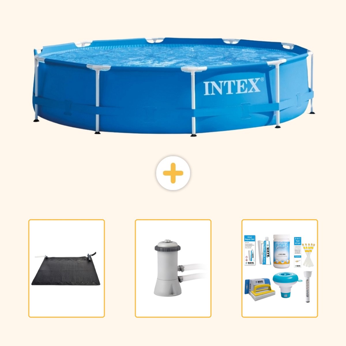Intex Rond Frame Zwembad - 366 x 76 cm - Blauw - Inclusief Solar Mat - Zwembadfilterpomp - Onderhoudspakket - 4-delig