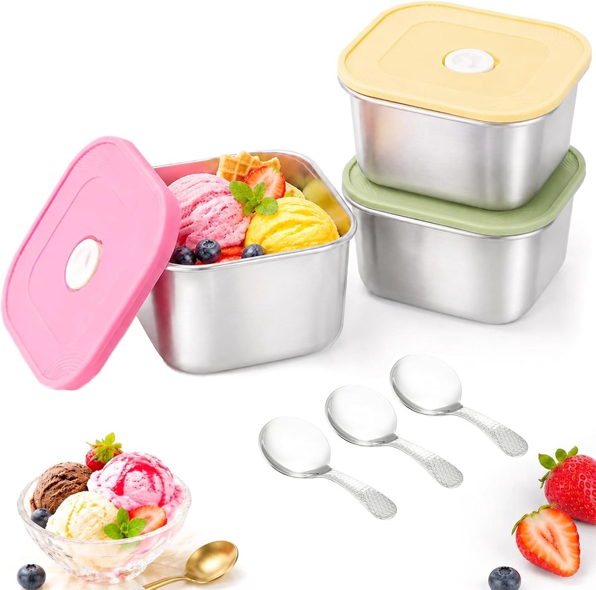 Set van 3 ijscontainers met siliconen deksel en lepels, BPA-vrij voor ijs, frozen yoghurt en babyvoeding, 400 ml capaciteit