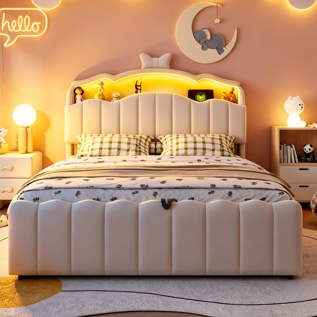 OKWISH Kinderbed 140x200 cm - Met LED Hoofdbord En USB Oplaadpunten - Hydraulische Opbergruimte - Zonder Matras - Fluwelen Bekleding - Beige