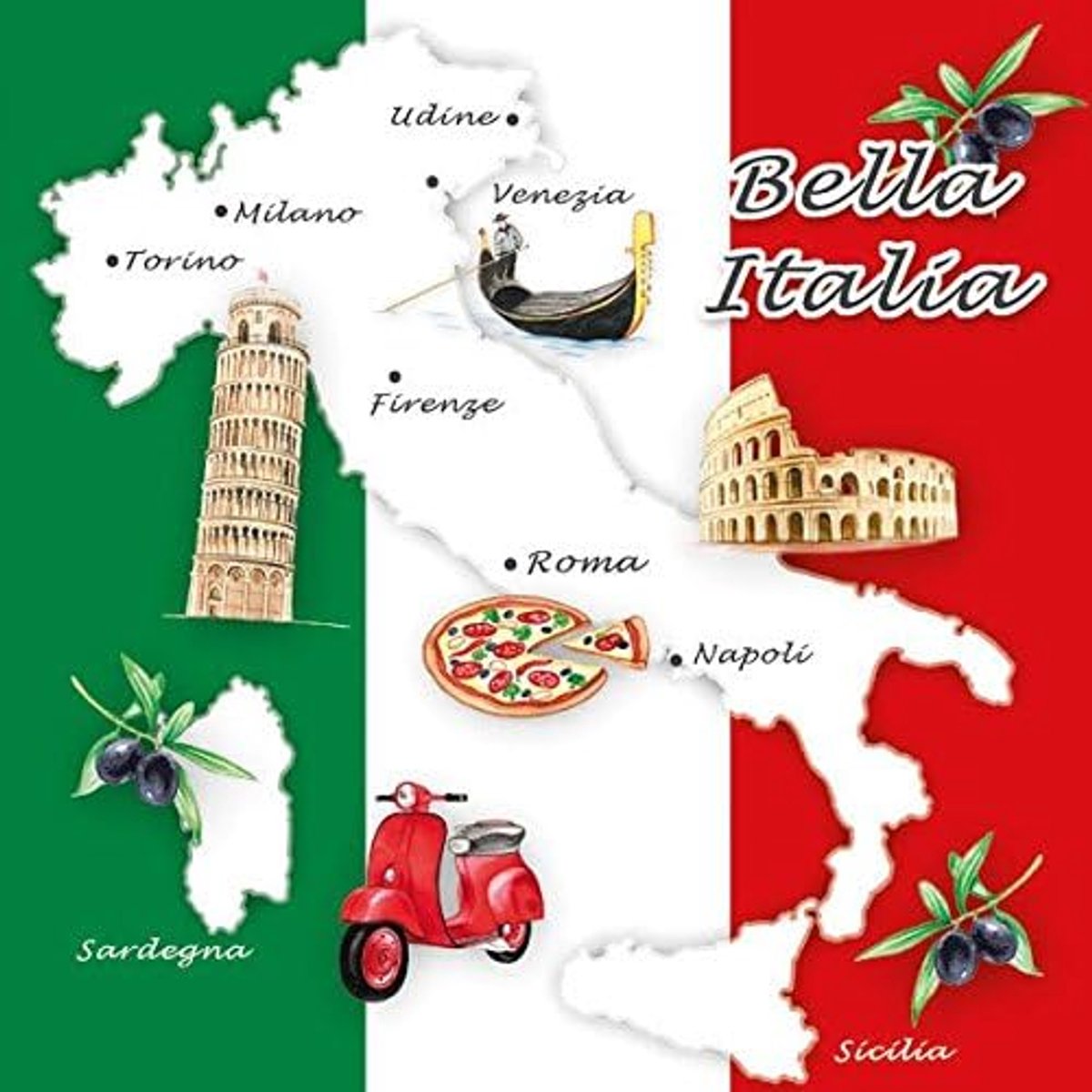 Thijox - Ambiente Servetten Lunch / Party 33x33cm - 20 Stuks Papieren Servetten - 3-Laags - Perfect voor Feestjes, BBQ, Tuin en Keuken - Bella Italia