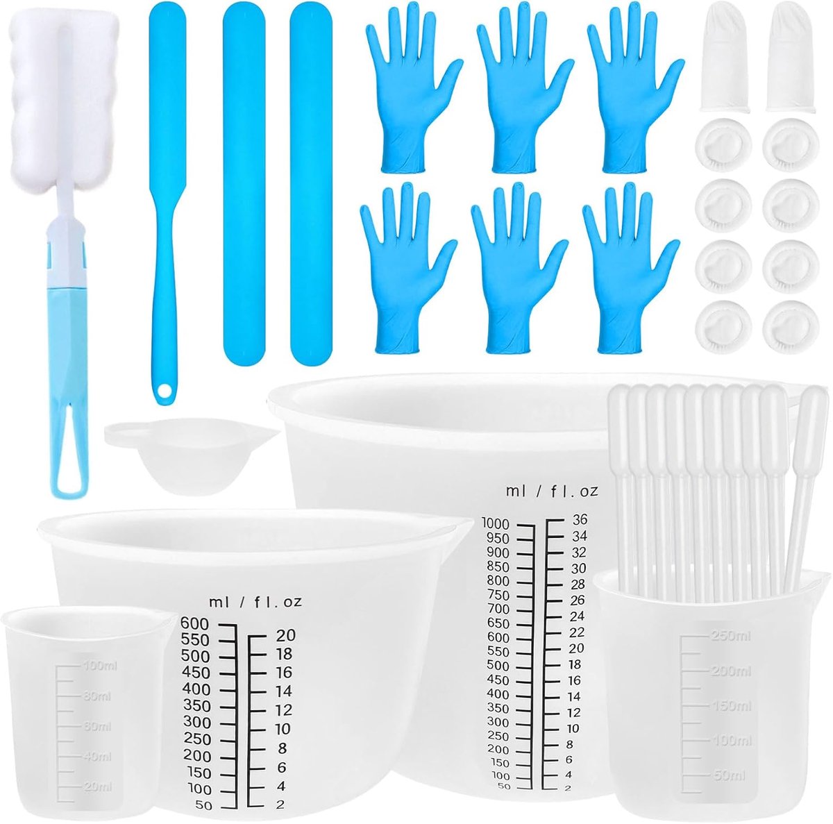 Thijox - Siliconen maatbeker set 1000ml, 600ml, 250ml en 100ml - Herbruikbare siliconen bekers met schaalmarkeringen, roerstaafjes, spatels en handsch