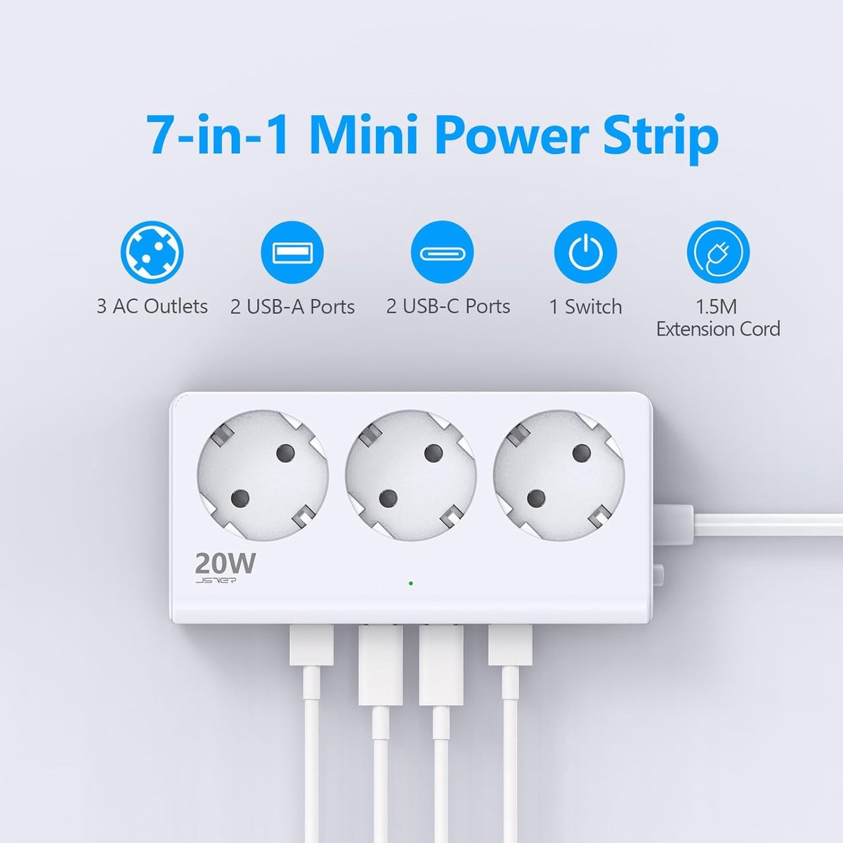 Thijox - Stekkerdoos 3-voudig met PD20W Snel Opladen, Meervoudig Stopcontact Wandmontage, 3680W, 2 USB A & 2 USB C, 1,5 m Kabel voor Smartphones, Lapt