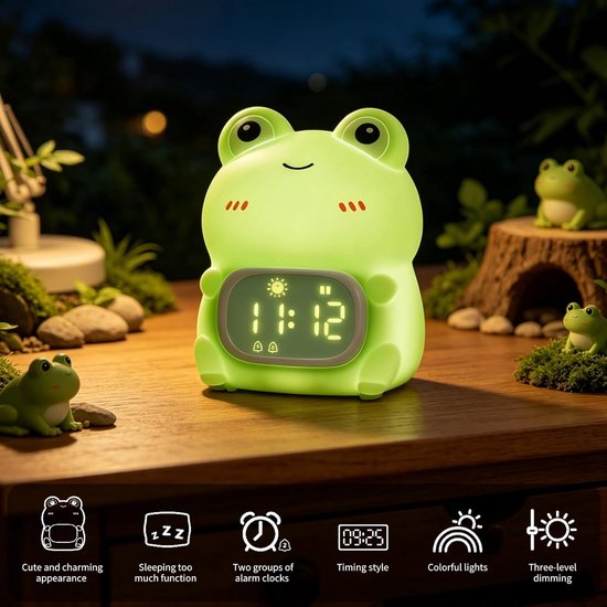 Cute Frog Alarm Clock, 7 RGB Color with Adjustable Delay and Soft Light, Cartoon Style Desktop Clock, Suitable for Bedrooms and Children's Rooms, Best Gift for Boys and Girls — afbeelding 2
