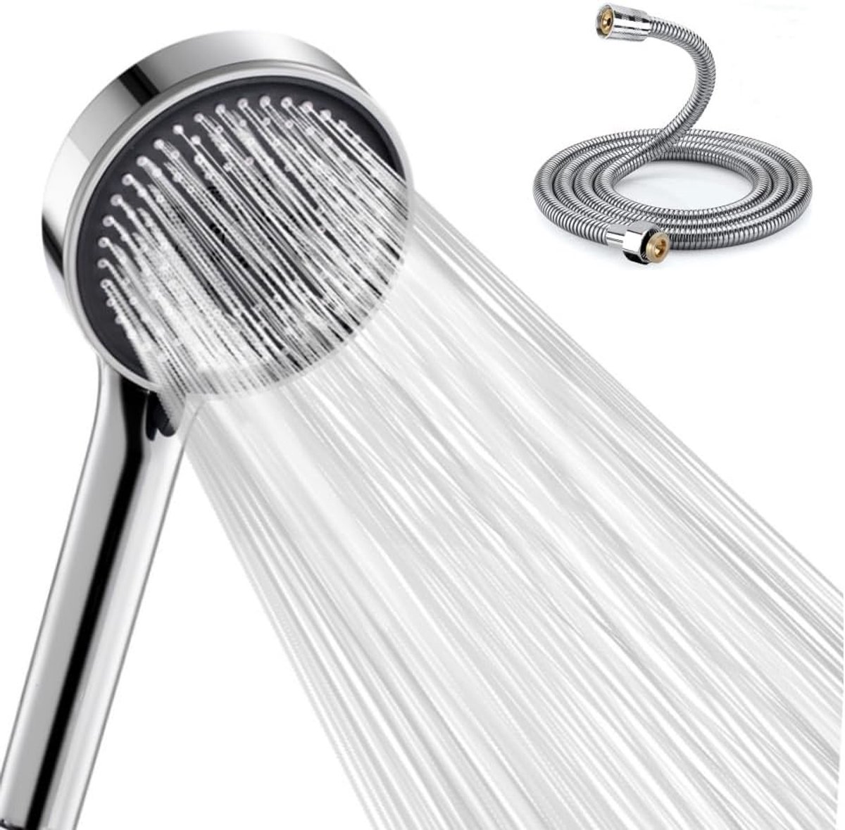 SnelShoppen - Hogedruk Douchekop met Slang 2 m, Waterbesparende Handdouche met 5 Straalsoorten, Antikalkfunctie, Ronde Chroom Douchekop 120 mm voor Th