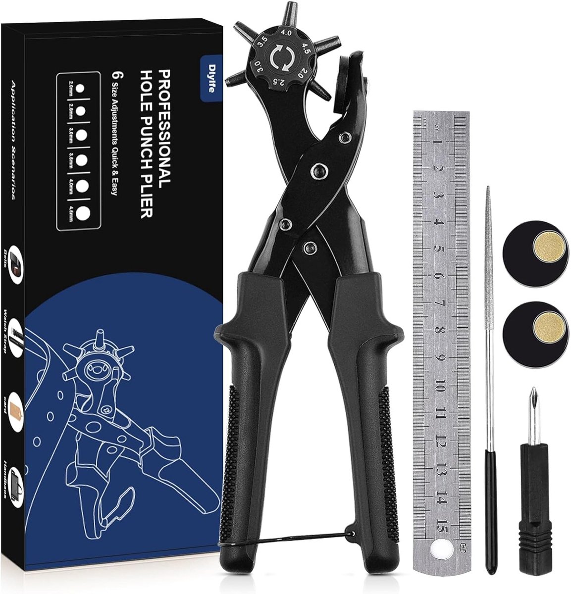 Upgrade Set van Heavy Duty Revolver Pliers met Meerdere Maten, Perforators en Liniaal voor Horlogebanden, Riemen en Rubber