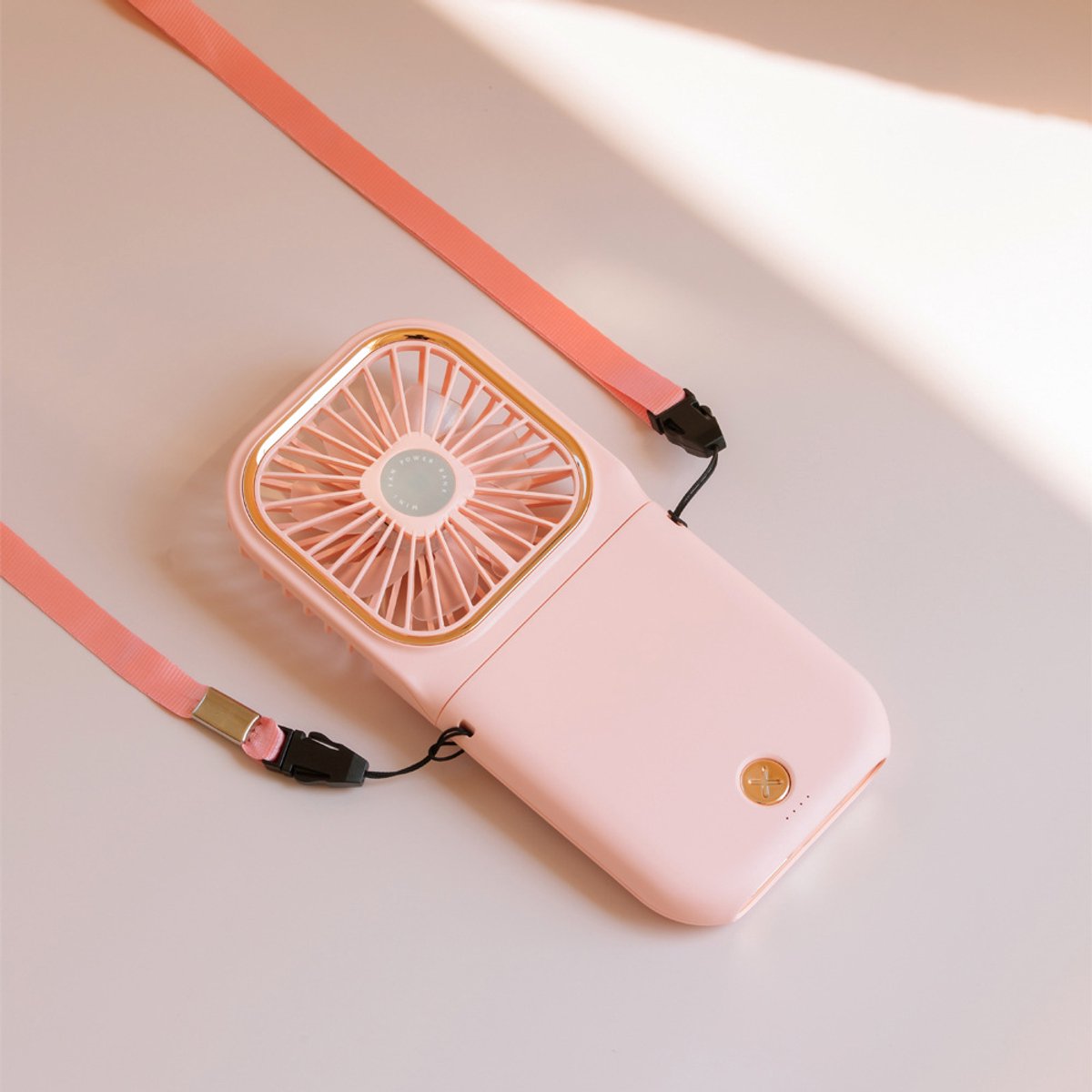Draagbare 3-in-1 ventilator, 180° inklapbaar, met powerbankfunctie, standen voor handgebruik/nekband/bureau, oplaadbaar via USB, stille motor, mini-zomerventilator