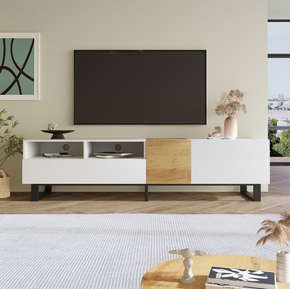 COVREO TV meubel 180 x 38 x 50 cm - wit en houtlook, met 2 laden en 2 deuren