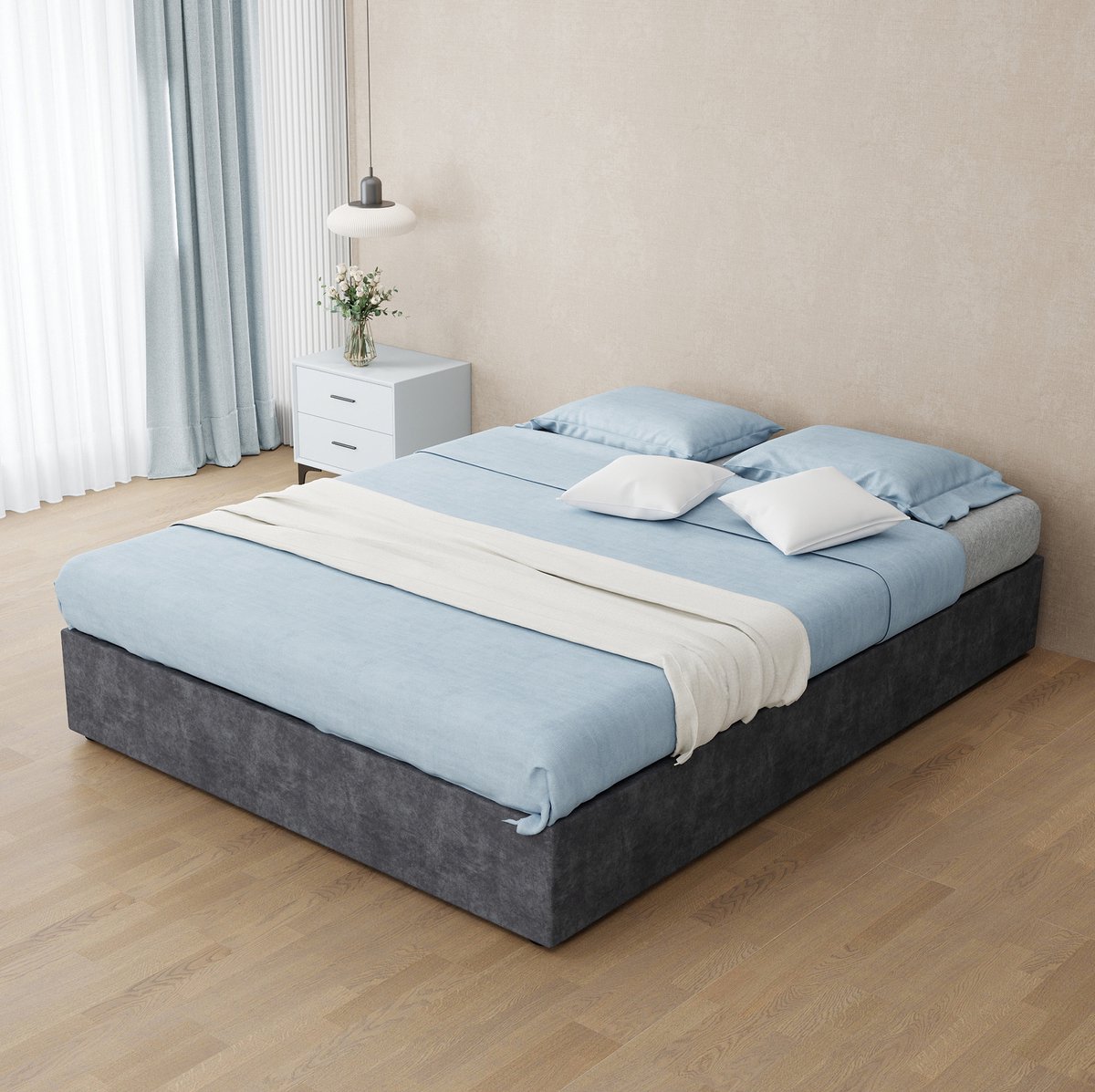 OKWISH Bed 140x200 cm - Met Gaslift En Opbergruimte - Lattenbodem - Tweepersoons Voor Slaapkamer - Fluweel - Grijs - Zonder Matras