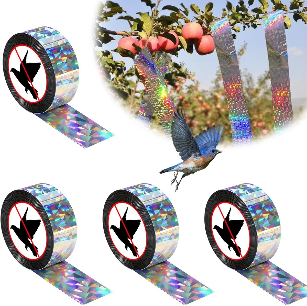 4 Rollen Reflecterende Vogelafweerband 2,4 cm x 80 m - Effectieve Vogelbescherming voor Tuinen en Balkons, Vogelverschrikker en Dierenafschrikking