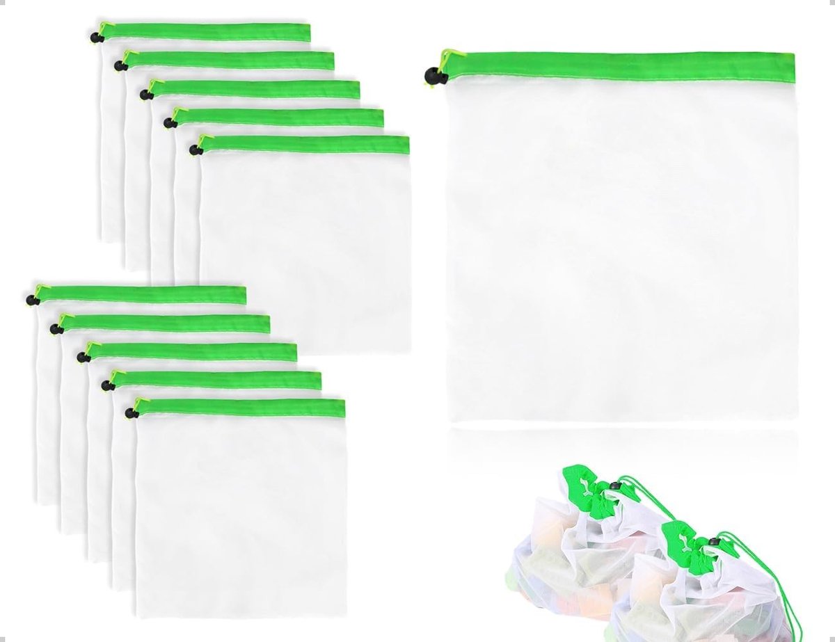 Herbruikbare Wasbare Transparante Mesh Tassen met Trekkoord voor Groenten, Fruit en Kleine Voorwerpen - Set van 10 Stuks (Groen)