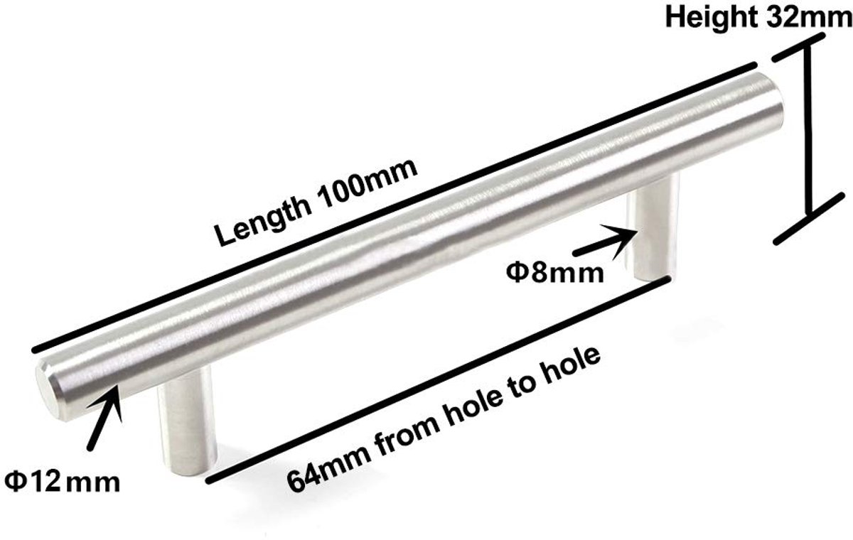 Kast handvatten 6 Packs - geborsteld RVS - T Bar design - perfect voor keukenkasten - ShopVlot