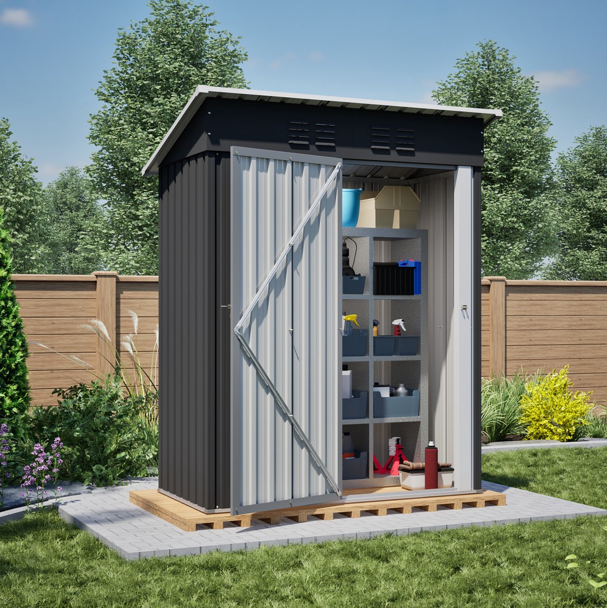 Tuinschuur Met Vergrendelbare Metalen Deur 152,2 X 83,6 X 182 Cm Metaal Zwart Opbergoplossing Voor Tuingereedschap Plat Dak