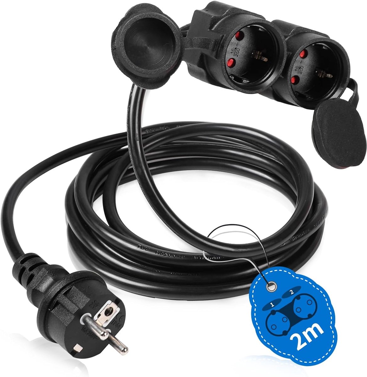 Verlengkabel voor buiten, IP44, 2 m, 3500 W, verlengkabel voor buiten, met 2 geaarde contacten, 2 geaarde stopcontacten