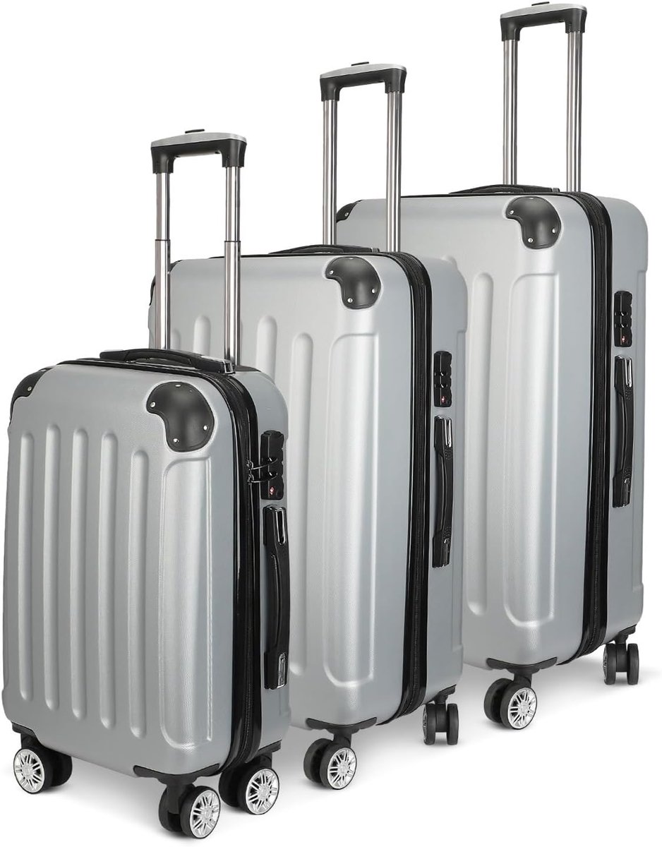 Bagageset, kofferset, koffer, reiskofferset, 3-delig, kofferset met 4 wielen en cijferslot, ABS harde schaal, trolley, rolkoffer, telescopische handgreep, S-M-L, grijs, 77×49×28cm, moorden