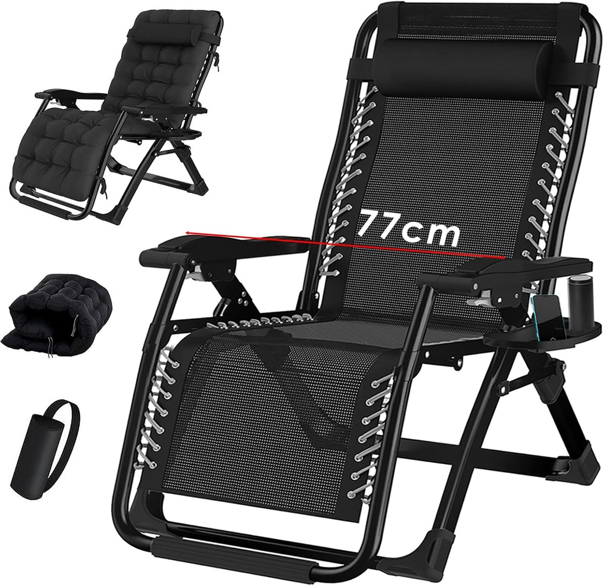 Gravity stoel, inklapbare ligstoel, ondersteunt tot 200 kg fauteuil, Opvouwbare Zonneligstoel ligstoel, inklapbaar, met bekerhouder, kussen,hoofdsteun, voor Tuin, Terras of Balkon(zwart, 77 cm)