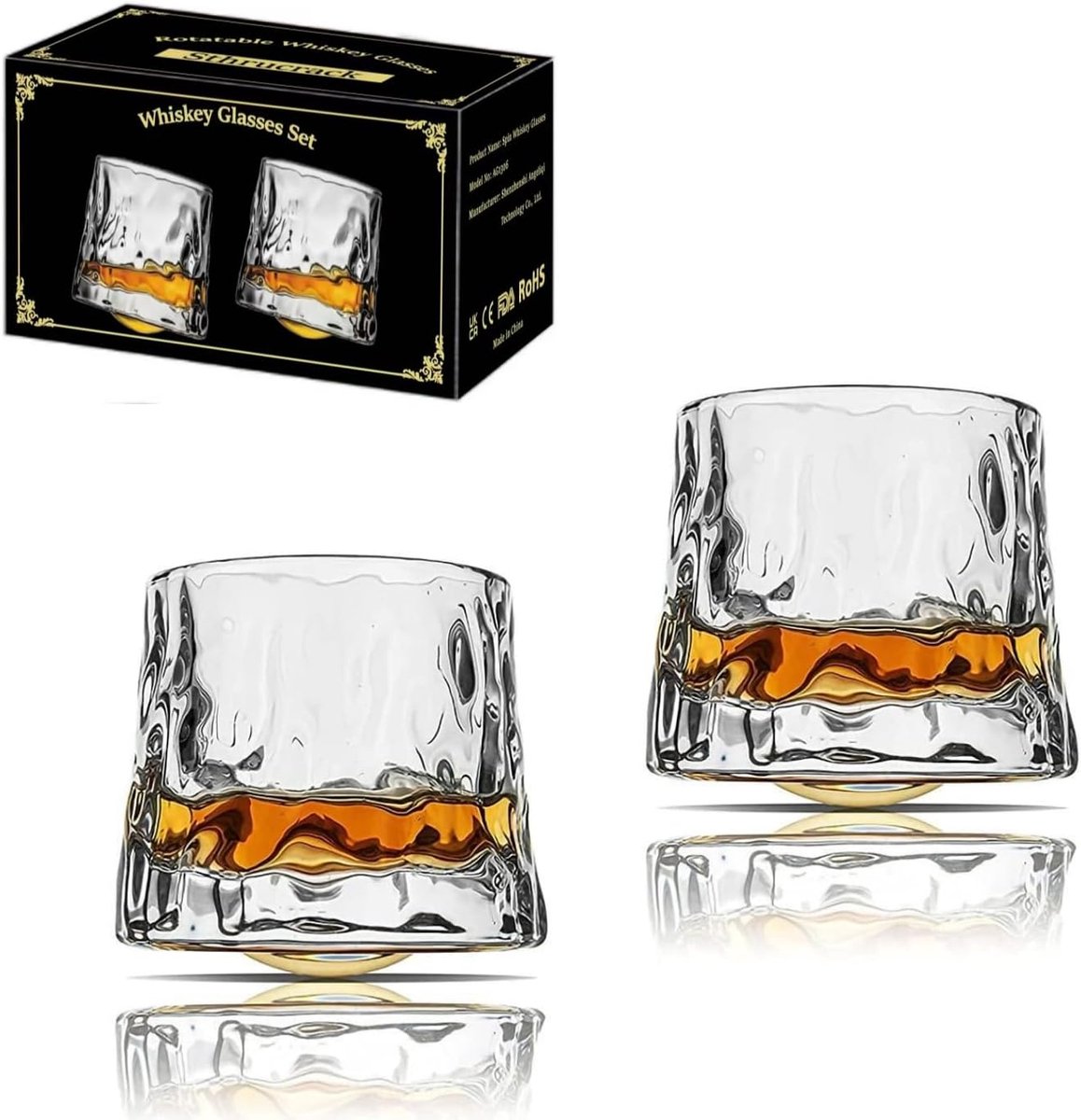 Draaibare decompressie - Ouderwetse set van 2 barstijl glaswerk voor Bourbon Scotch Rum (2 Pack Hammer Textuur, 300ml (10oz))