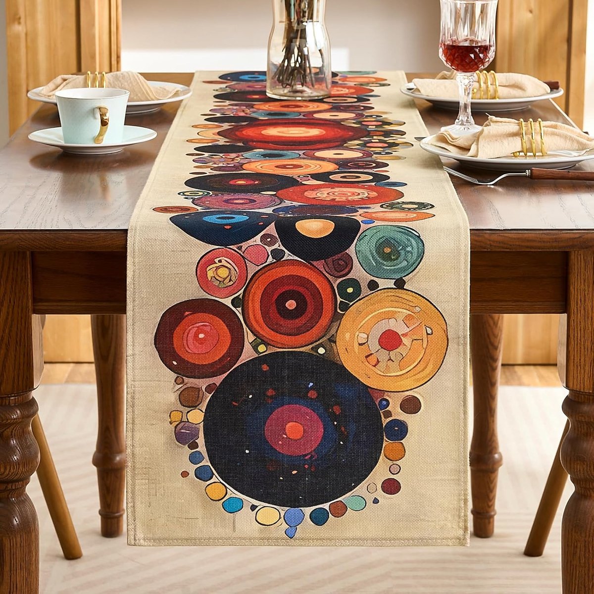 tafelloper met kleurrijke stippen van katoen en linnen mix, 40 x 140 cm, vintage decoratie, eettafel, rechthoekig, rustiek, wasbaar, voor tv-meubels of bijzettafel in de woonkamer