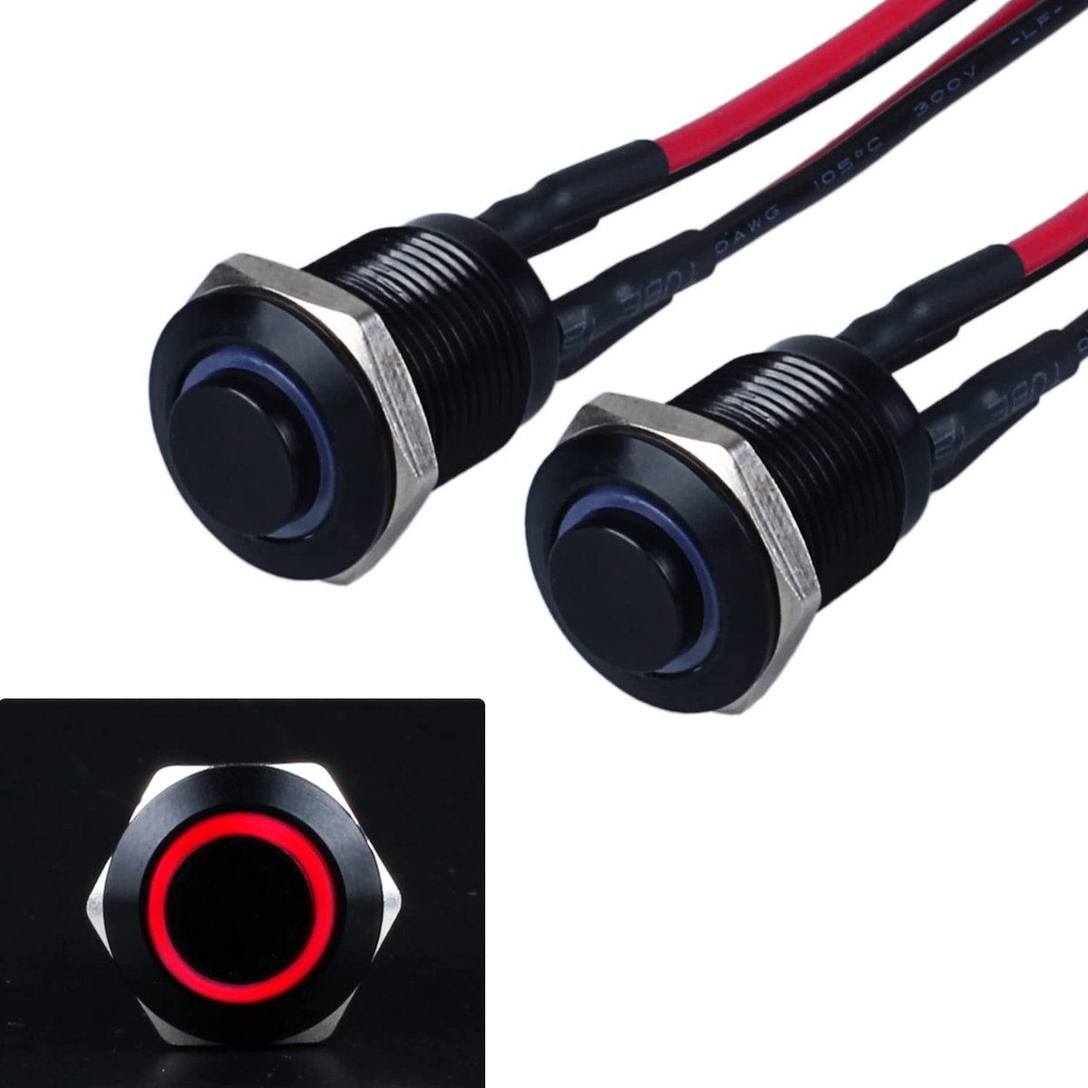 2 x 12 mm momentary drukschakelaar, 12 V tot 24 V, 2 A, waterdichte knopschakelaar van metaal, IP66, 1NO momentaan zwarte drukknop met ledlamp, verbindingsdraden voor motorfiets (hoge kop, rood)