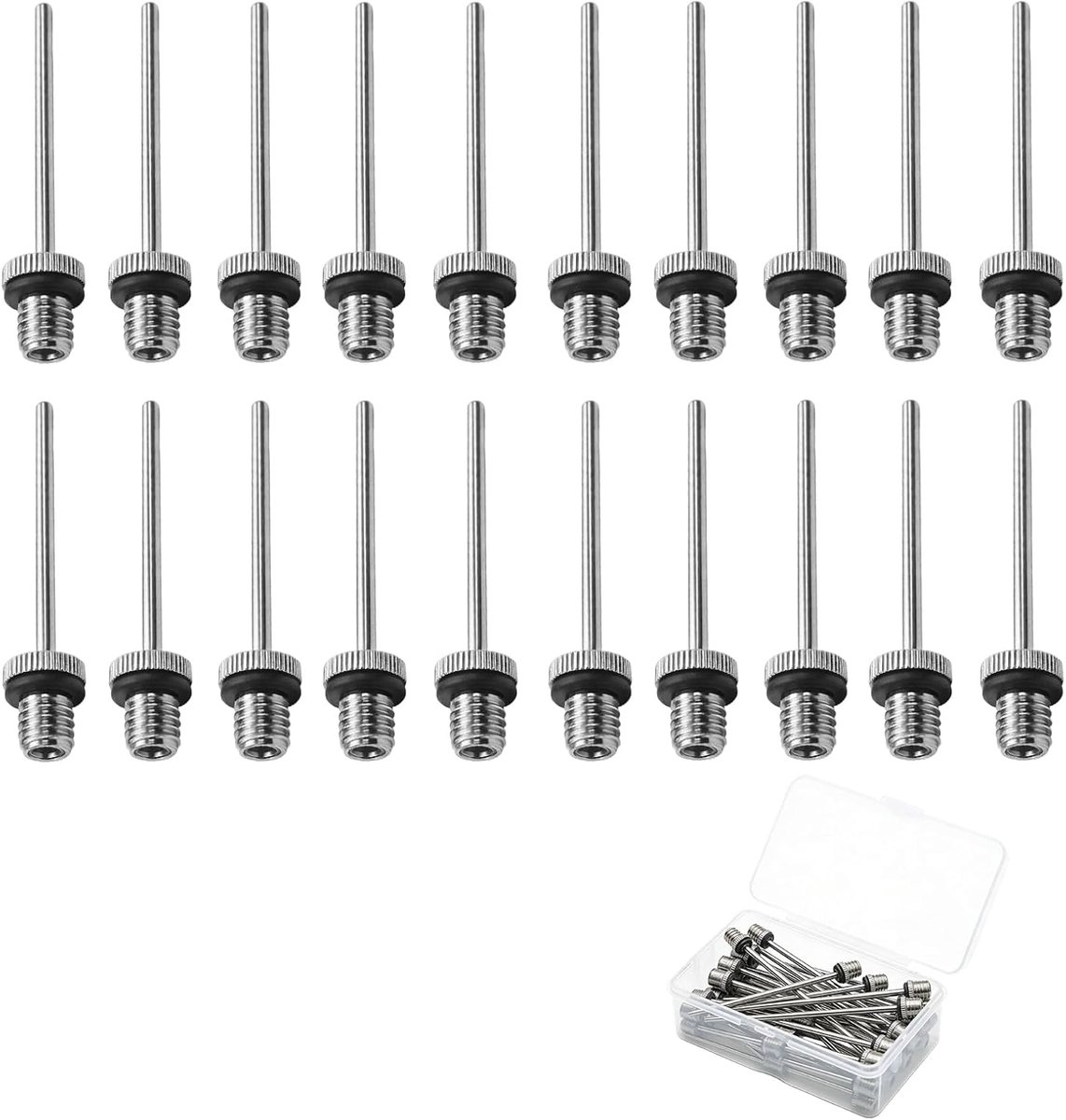20 stuks balpompnaalden, balnaald van roestvrij staal, naald balpomp op pomp, geschikt voor basketbal, volleybal, rugby en voetbal, met opbergdoos