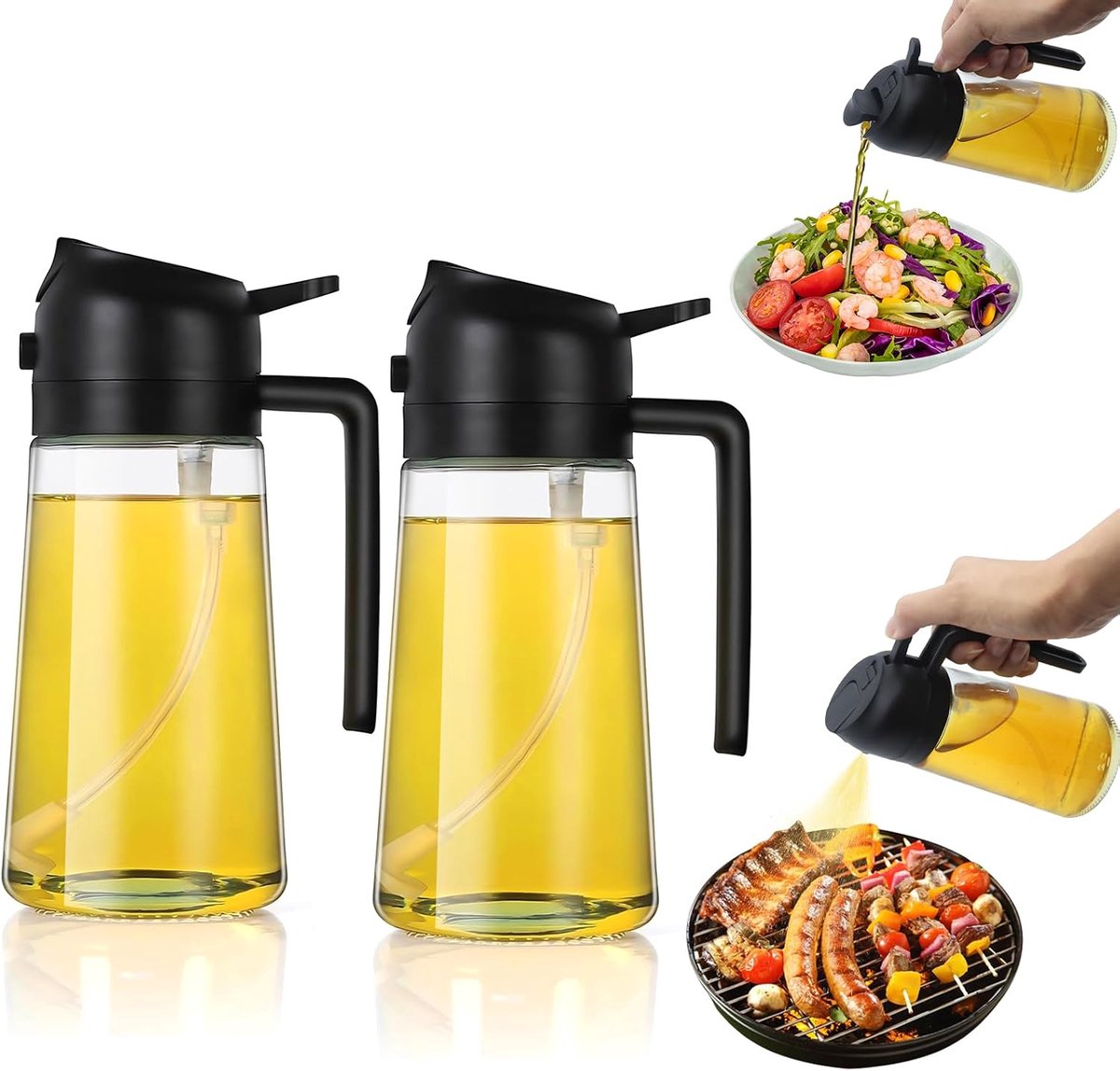 2-in-1 oliespuit voor heteluchtfriteuse, 470 ml, oliespray voor luchtfriteuse, oliedispenser voor de keuken, zwart x 2
