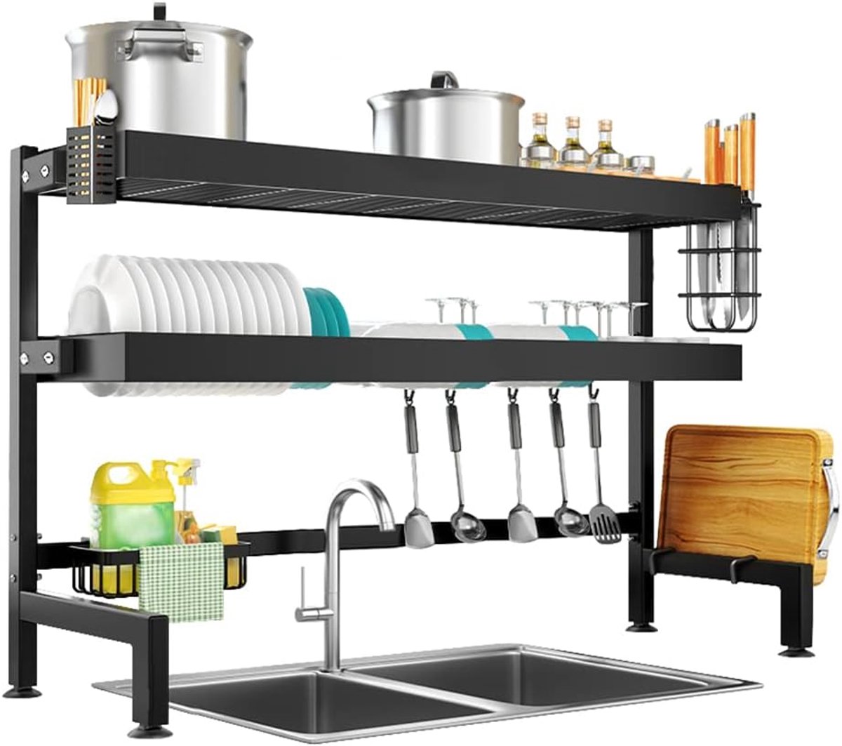 Afdruiprek boven de gootsteen, afdruiprek met 3 niveaus, Multifunctionele Roestvrij gootsteenafdruiprek, Keukenorganizer en toonbankopslag, Met Keukengerei, Snijplank Houder, Lengte 105cm, Zwart