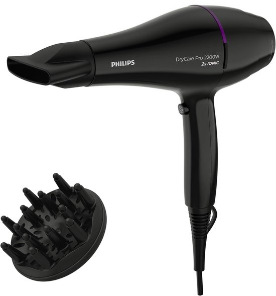 Zwarte Philips DryCare Pro 2200W haardroger met mondstuk en diffuser.