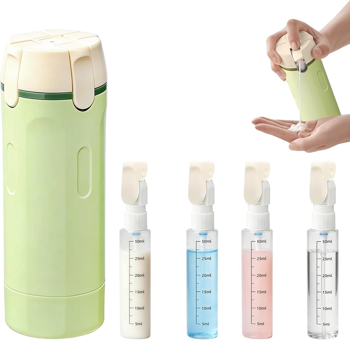 4-in-1 reisflessen om te vullen, reispakket, vloeistofcontainerset (groen) | 4-in-1 reisdispenser met etiket, reisflessen voor toiletartikelen, mini-shampoo-dispenser voor shampoo, lotion, conditioner