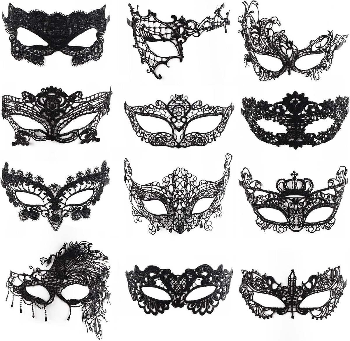12 stuks maskerademaskers, Venetiaanse maskers, sexy kanten masker, zwart | Dames kanten maskers kanten masker maskerade oogmasker voor carnaval party maskerade party cosplay Valentijnsdag Halloween