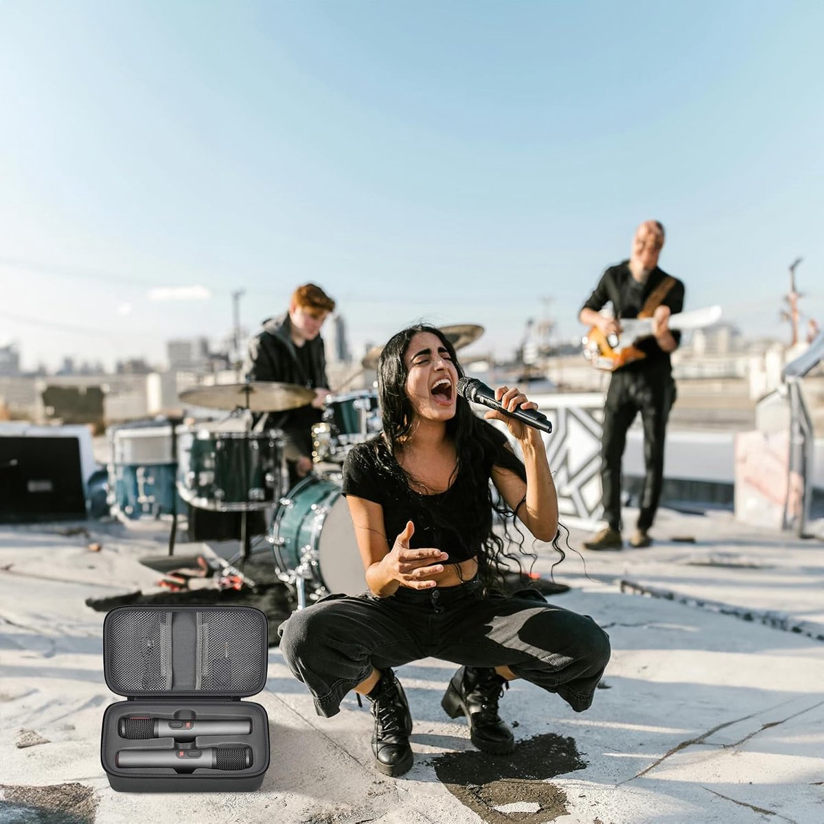 Bluetooth microfooncase compatibel met JBL PartyBox Wireless Mic J2X digitale microfoons, draagbare microfoonbox voor oplaadbare batterij, ontvanger, adapter (alleen tas), grijs, Pe, Opslag: