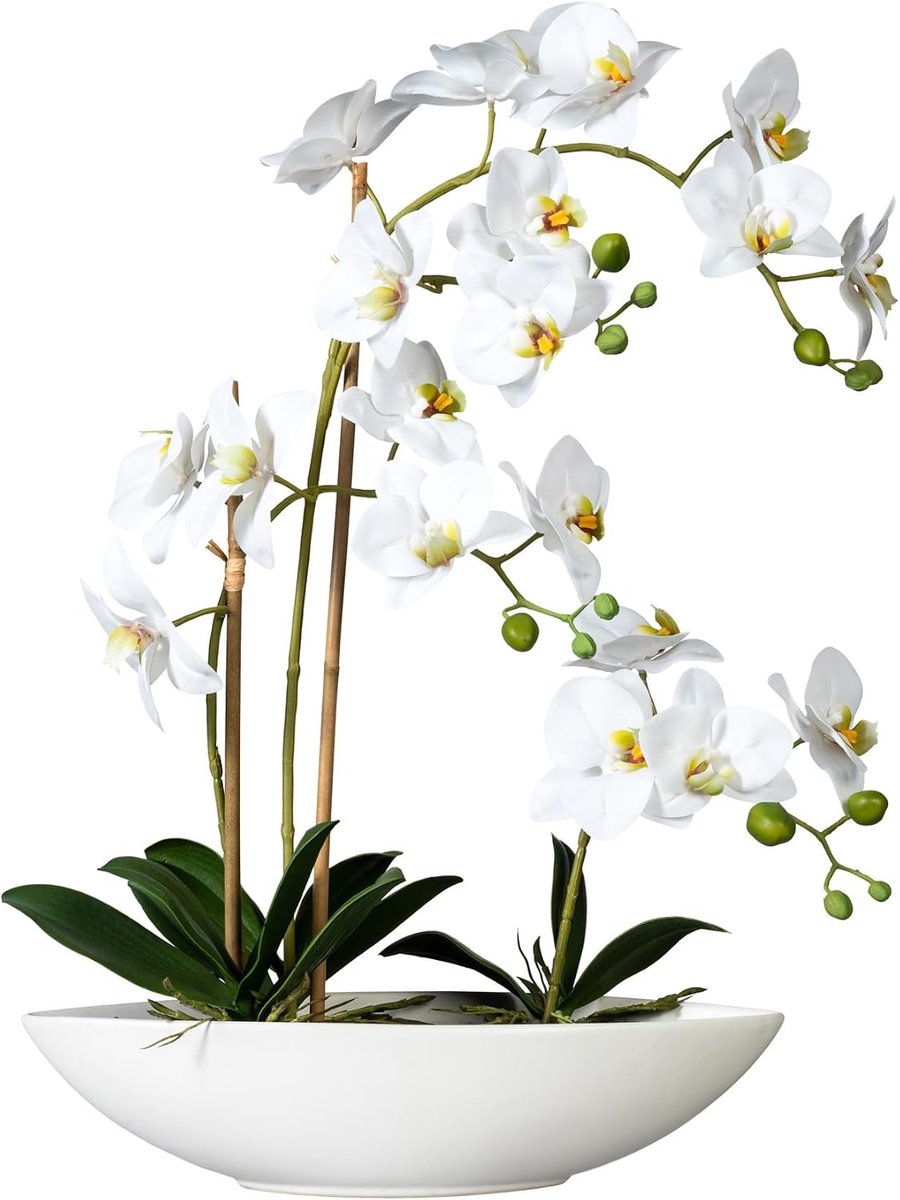 Kunstmatige Orchidee 60cm Wit - Phalenopsis in Ovalen Kom - Tropische Sfeer - Onderhoudsvrij - SnelShoppen