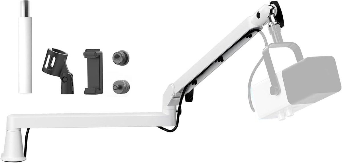 Profile Mic Arm Microfoon Boom Arm Professionele Verstelbare met 15cm Riser Solid Desk Mount Clamp Kabel Management Microfoon Houder Stand voor Podcast Streaming Gaming Mic Stand Wit
