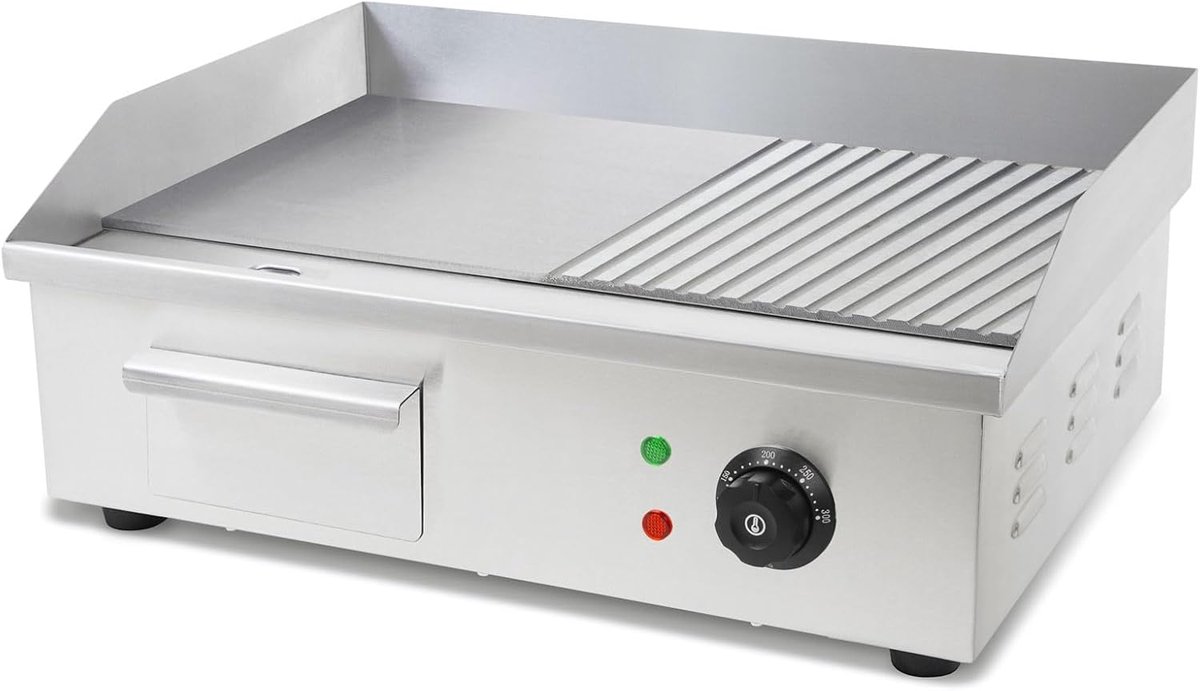 Grillplaat elektrisch 3000 W van roestvrij staal grilloppervlak glad & met groeven 55 x 35 cm, thermostaat, temperatuur 50-300 °C, spat- en hittebescherming, opvangbak, rubberen voetjes