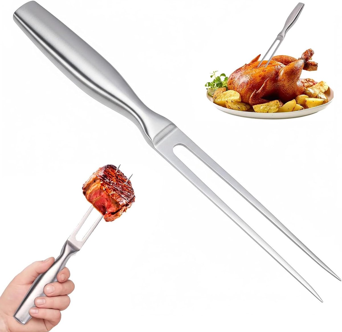 27 cm vleesvork roestvrij staal voor veilig grillen en trancheren, roestvrijstalen grillvork met ergonomische handgreep, lichtgewicht braadvork vaatwasmachinebestendig, voor BBQ, camping en keuken, 1