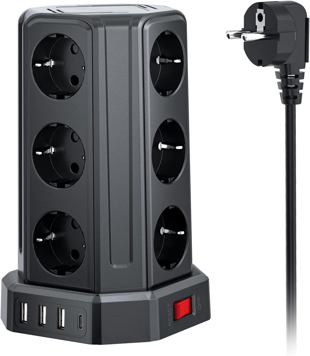 Elektrische stekkerdoos, 5 m, 12 stopcontacten en 3 USB A+1 USB C, stekkerdoos met 1 schakelaar, bescherming tegen contrast, 4000 W, 5 m koord, geschikt voor woonkamer, slaapkamer en