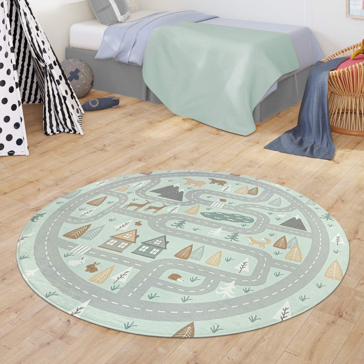 Home Vloerkleed Kinderkamer Kindervloerkleed Babykleed Straten Dieren Bos Huis Jongen, Kleur:Turquoise, Maat:150 cm rond