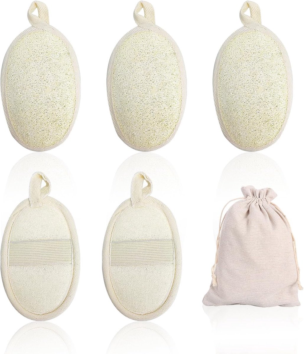 5 stuks Luffa-badhanddoeken, beige luffa-schijven, 1 opbergzak, badspons voor volwassenen, luffa-spons, gezichtswasspons, scrub-badspons