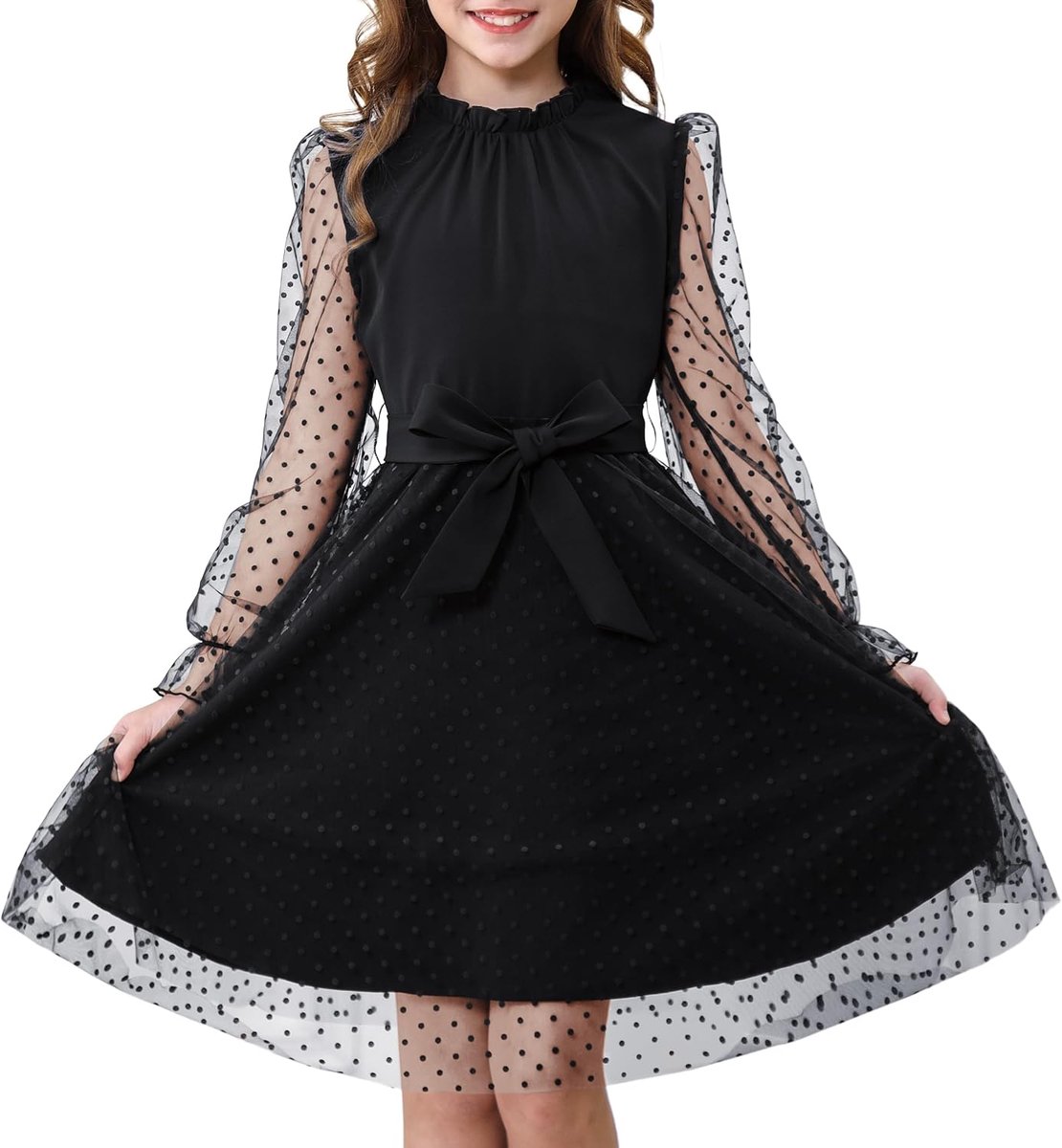 Jurk met lange mouwen voor meisjes, hoge taille met riem, A-lijn, volant-hals, contrasterende mesh, prinsessenjurk voor feestjes van tule