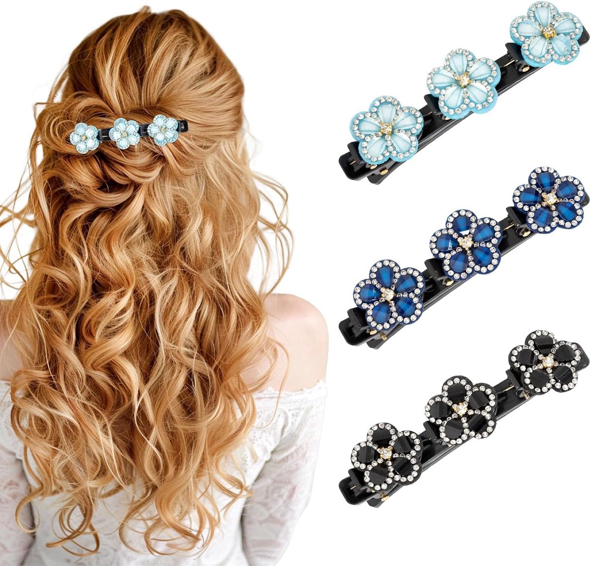 Haarsieraad, 3 stuks fonkelende gevlochten haarspelden met kristallen stenen, elegante haarklemmen, dubbellaagse haarspeld, fonkelend cadeau voor vrouwen