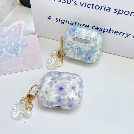 voor AirPods 4 hoesje schattig, vrouw prachtige Kawaii bloemen prints patroon ontwerp, creatieve 3D bloem cartoon oortelefoon beschermhoes (blauw) — afbeelding 2