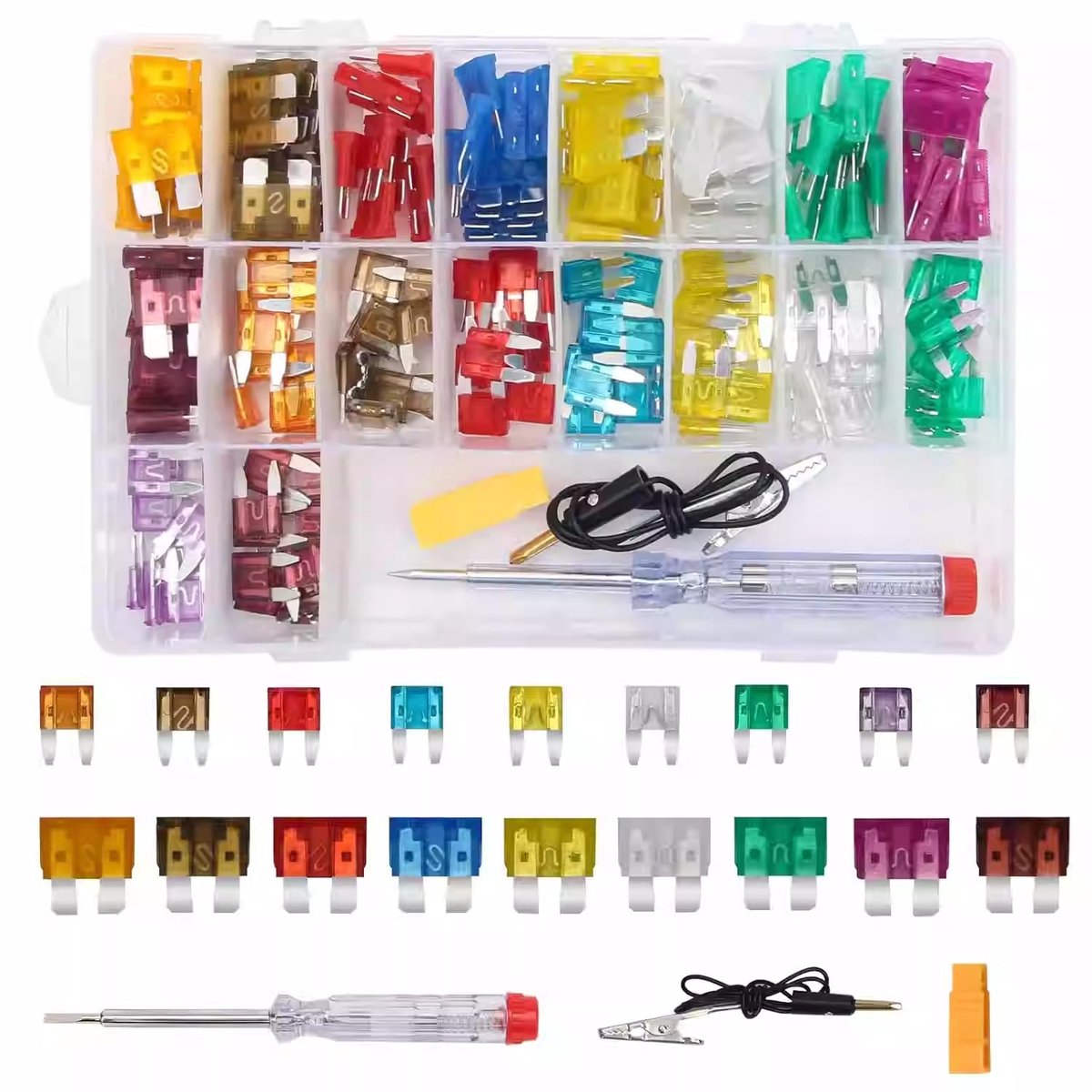 180 Stuks Autozekeringen Set, 60 Mini + 60 Standaard + 60 Micro Autozekeringen + Zekeringstrekker en Spanningstester 2A 3A 5A 7,5A 10A 15A 20A 25A 30A 35A 40A voor Auto, RV, Motorfiets