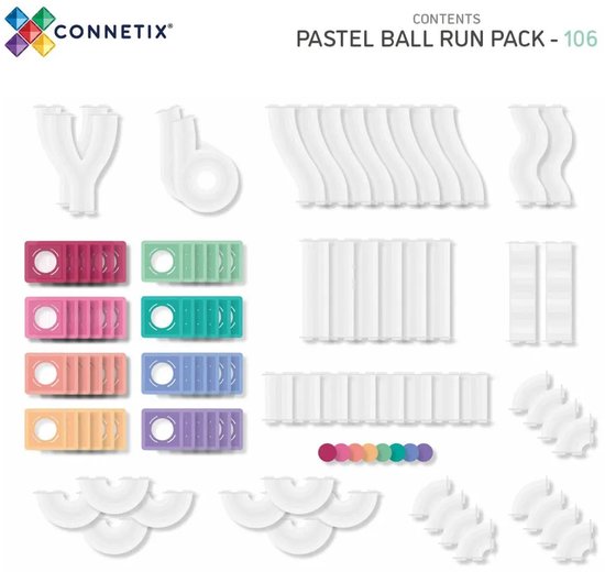 Connetix Pastel Ball Run Pack: diverse witte buizen, bochten en pastelkleurige verbindingsstukken.