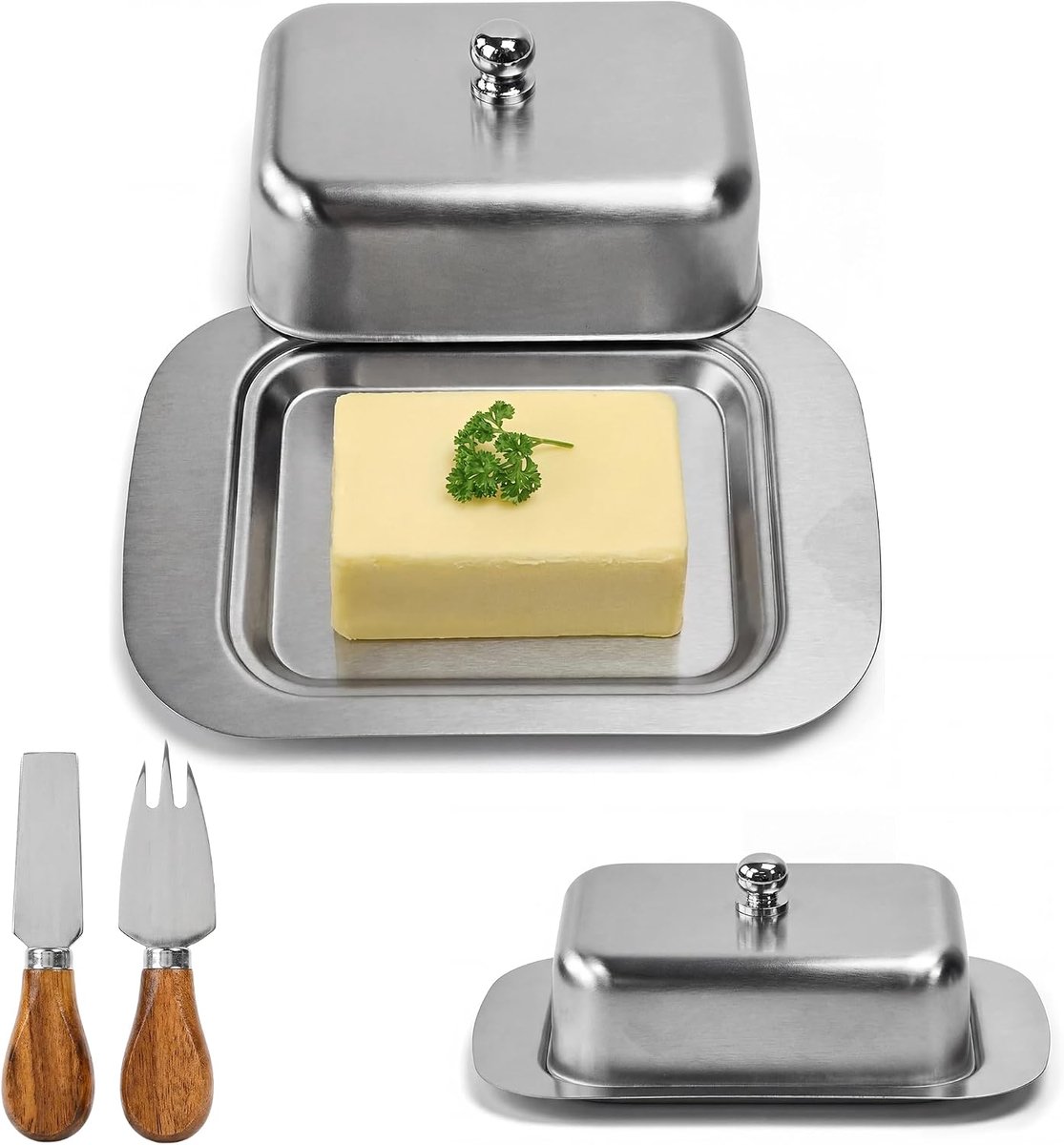 Botervloot van roestvrij staal, met 1 boterbel + 1 botermes + 1 botervork, onderhoudsvriendelijk, onbreekbaar, voor boter, kaas, cake (17,9 × 12,2 × 4,5 cm)