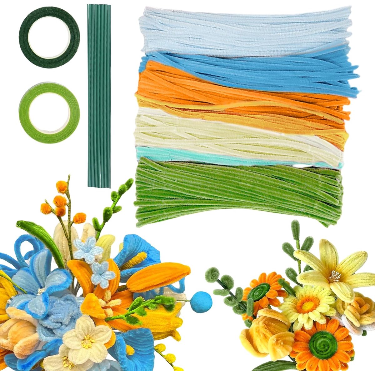 200 stuks pijpenragers, bloemenset, blauwe pijpenrager, om te knutselen, chenilledraad in 8 kleuren, inclusief 15 bloemendraad voor creatief doe-het-zelf