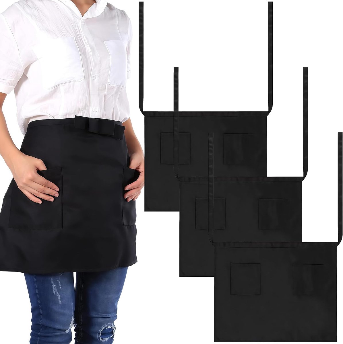 3 Stuks Korte Ober Schort Zwart, Voorbind Schort voor Dames Heren, Taille Schort Halve Schort met Zakken, Waterdicht voor Restaurant Bar Café Keuken Bediening