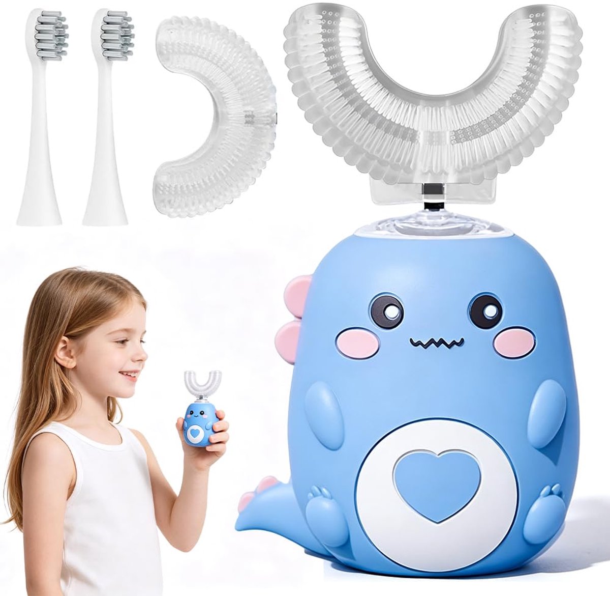 Elektrische kindertandenborstel met 2 U-vormige siliconen borstelkoppen - blauw - voor kinderen 2-12 jaar - SnelShoppen