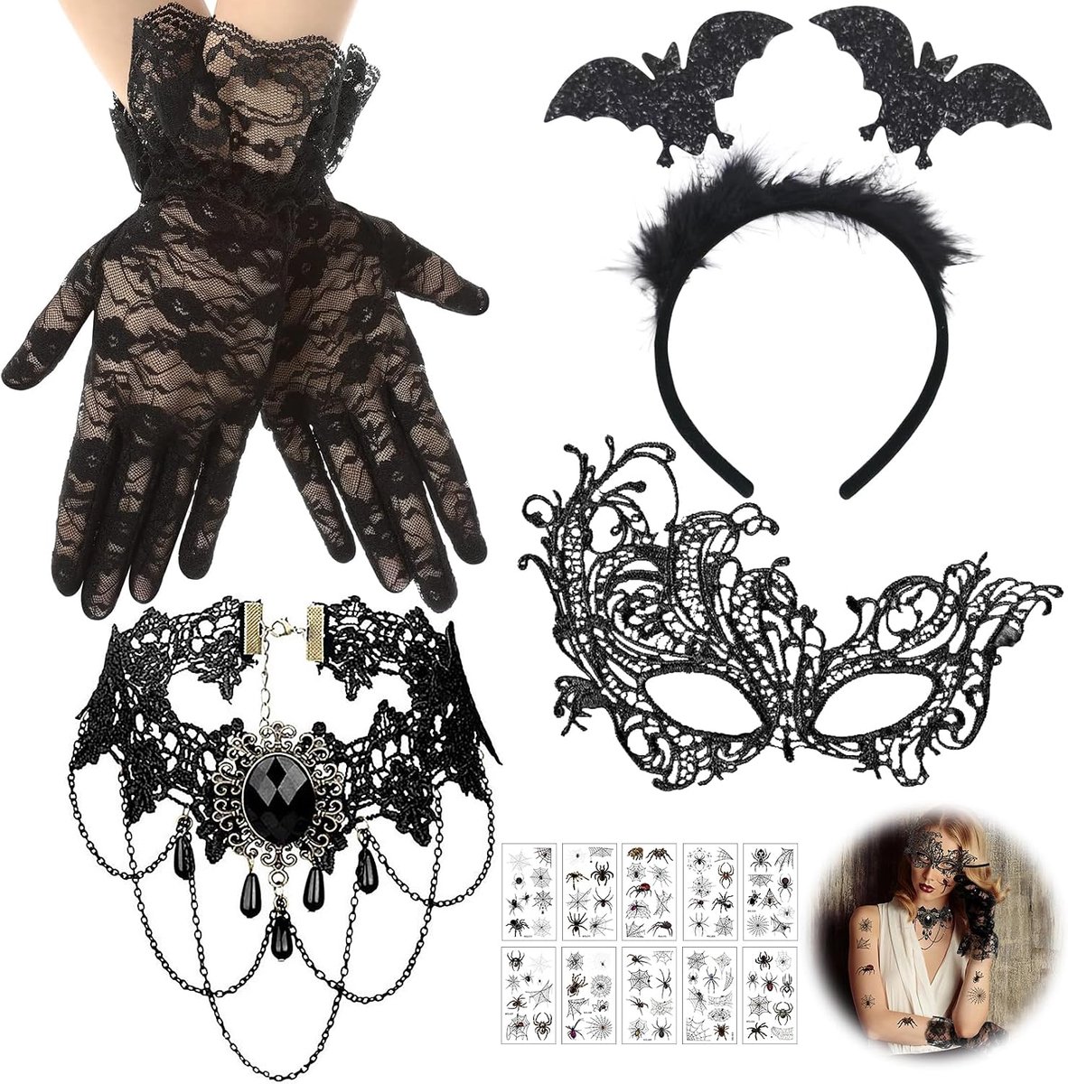 Accessoires voor dames, 5 stuks, gothic zwarte kant, handschoenen, halsketting, oogmasker, tattoo-stickers, gothic kostuumaccessoires voor carnaval, kostuum, bruiloft